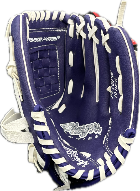 Vist Large View of Product Image Which is Used Rawlings PL10PW BB/SB Glove RH Throw White And Purple 10"