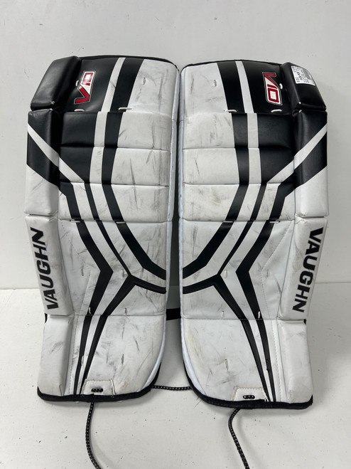 Vist Large View of Product Image Which is Used Vaughn VELOCITY V10 Goalie Leg Pads Youth White 24"