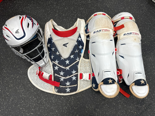 Vist Large View of Product Image Which is Used Easton THE VERY BEST STARS AND STRIPES KIT LG Catchers Helmet w/Mask White LG