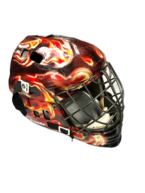 Vist Large View of Product Image Which is Used Franklin FLAMES MASK St Hcky Goalie Helmet Yth Black/Orange/White One Size