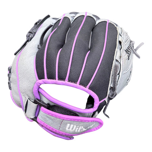 Vist Large View of Product Image Which is Used Wilson A440 FLASH RH Throw Fastpitch Gloves Black And Grey 12"