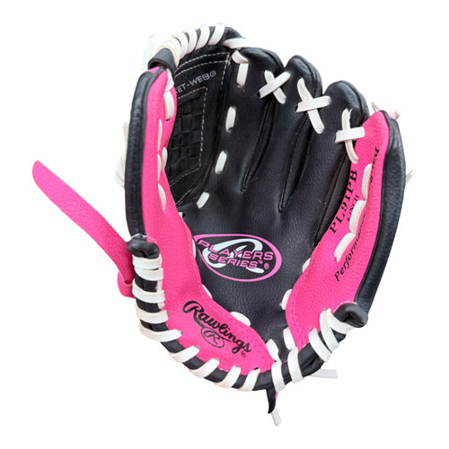 Vist Large View of Product Image Which is Used Rawlings PLAYERS SERIES PL91PB BB/SB Glove T-ball Black And Pink 9"