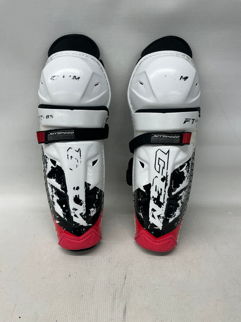 Vist Large View of Product Image Which is Used CCM FT 485 Junior Shin Guards White/Black/Red 11"