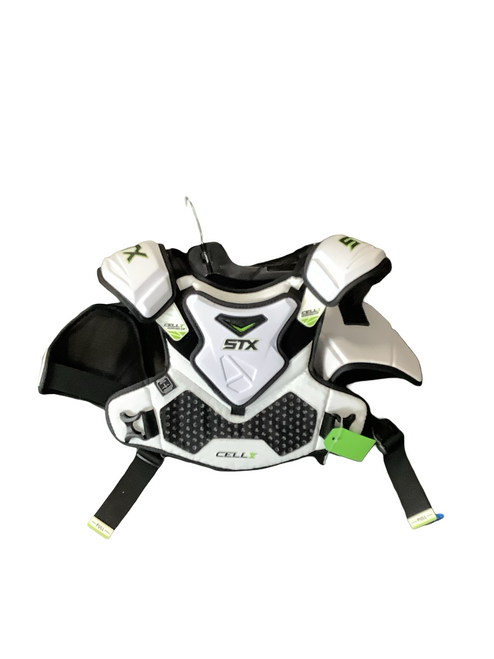 Vist Large View of Product Image Which is Used STX CELL V Lacrosse Shoulder Pads White LG