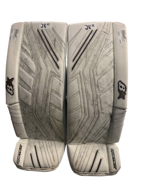 Vist Large View of Product Image Which is Used Brians G-NETIK X5 Goalie Leg Pads Junior White 28+1”