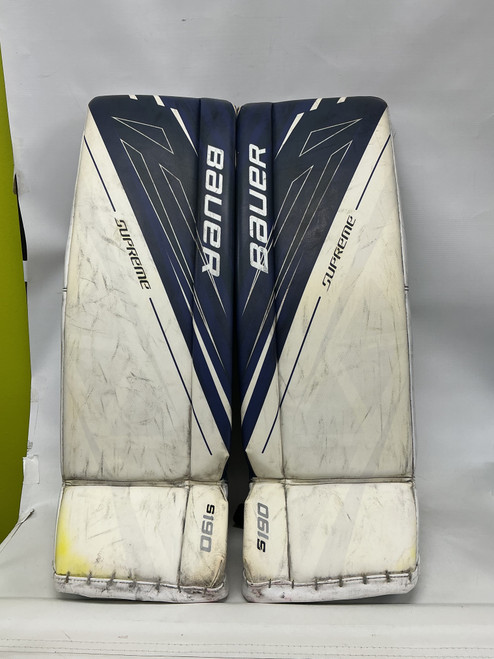 Vist Large View of Product Image Which is Used Bauer S190 31 +1 Goalie Leg Pads Senior White 31"