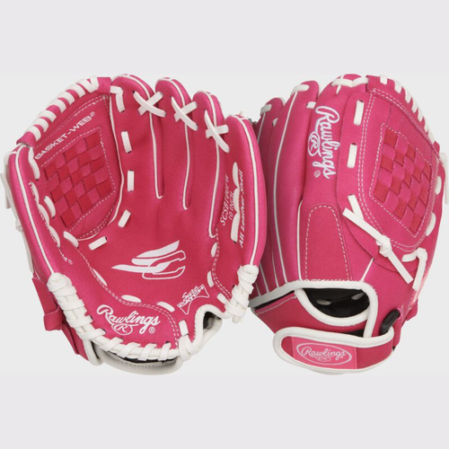 Vist Large View of Product Image Which is Two images showing the palm and back of a 10-inch pink/white Rawlings Sure Catch softball glove