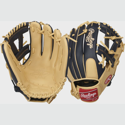 Vist Large View of Product Image Which is Two images showing the palm and back of a camel/navy Rawlings Select Pro Lite 11.5-inch Manny Machado baseball glove
