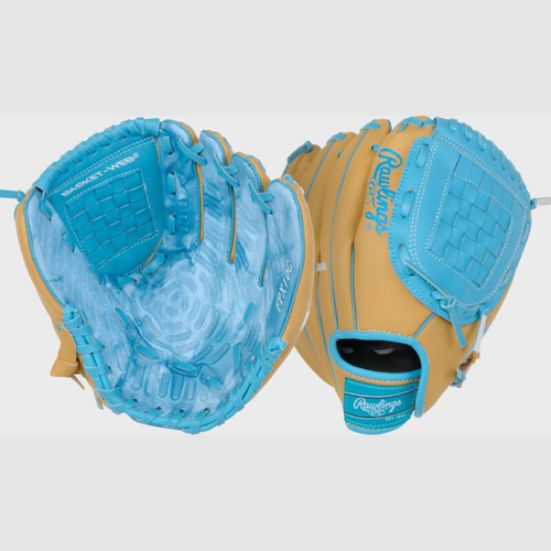 Vist Large View of Product Image Which is Two images showing the palm and back of a camel/Columbia blue Rawlings Flex Palm Series 10-inch Youth Baseball Glove