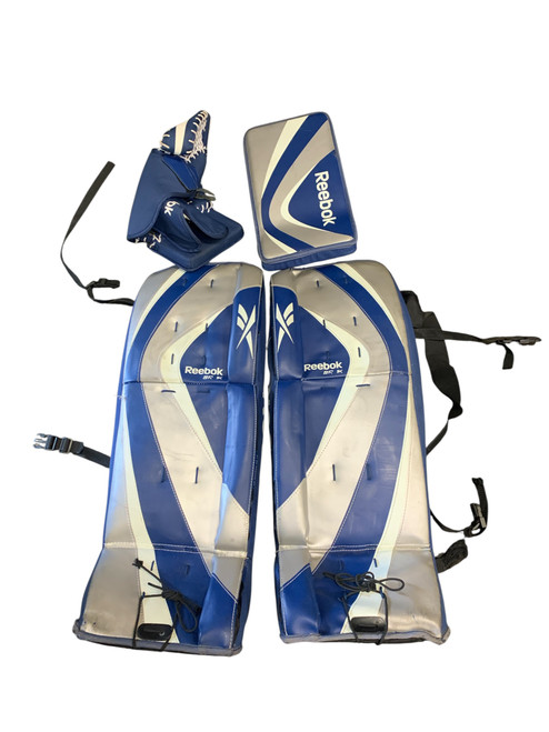 Vist Large View of Product Image Which is Used Reebok SR 1K Goalie Leg Pads Senior Navy Blue LG