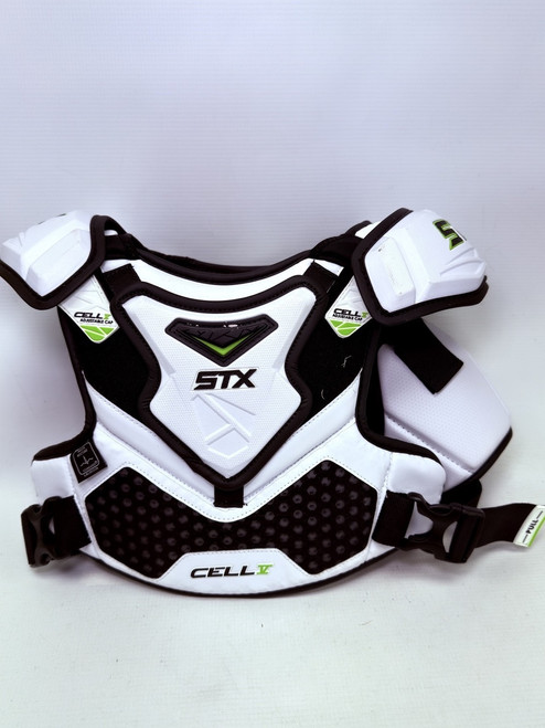 Vist Large View of Product Image Which is Used STX CELL V Lacrosse Shoulder Pads Black And White MD