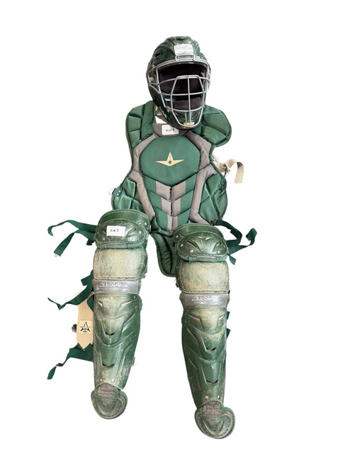Vist Large View of Product Image Which is Used All-Star SYSTEM 7 9-12 SET Catchers Helmet w/Mask Dark Grey And Green One Size