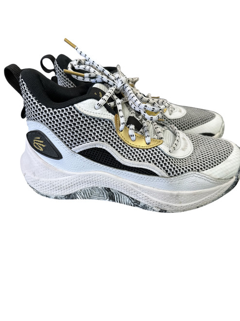 Vist Large View of Product Image Which is Used Under Armour CURRY Basketball Shoes Y White/Black/Yellow Junior 03.5