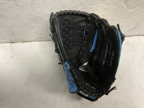 Vist Large View of Product Image Which is Used Easton FPT12 RH Throw Fastpitch Gloves Black And Carolina Blue 12"