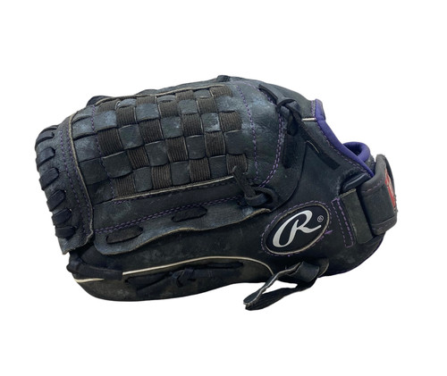 Vist Large View of Product Image Which is Used Rawlings STORM ST12DSPUR LH Throw Fastpitch Gloves Black 12"