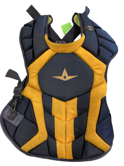 Vist Large View of Product Image Which is Used All-Star NAVY AND YELLOW CHEST PROTECTOR Catchers Chest Protector Navy Blue Adult