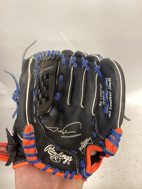 Vist Large View of Product Image Which is Used Rawlings JACOB DEGROM BB/SB Glove RH Throw Black And Orange 10"