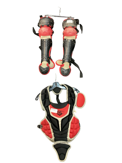 Vist Large View of Product Image Which is Used Louisville Slugger BLK/RED Catchers Leg Guards Black And Red Youth