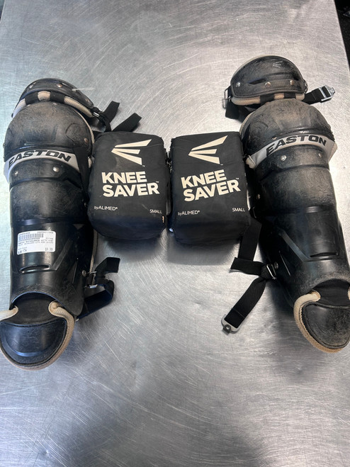 Vist Large View of Product Image Which is Used Easton SHINGUARDS WITH KNEE SAVERS Catchers Leg Guards Black Youth