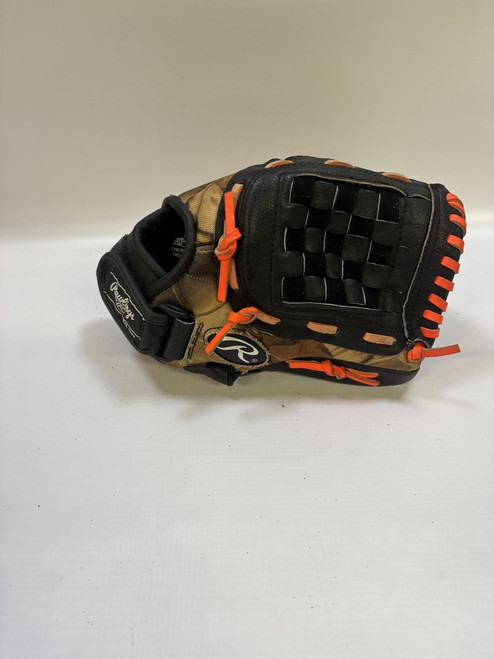 Vist Large View of Product Image Which is Used Rawlings PLAYMARKER SERIES BB/SB Glove RH Throw Black And Orange 11"