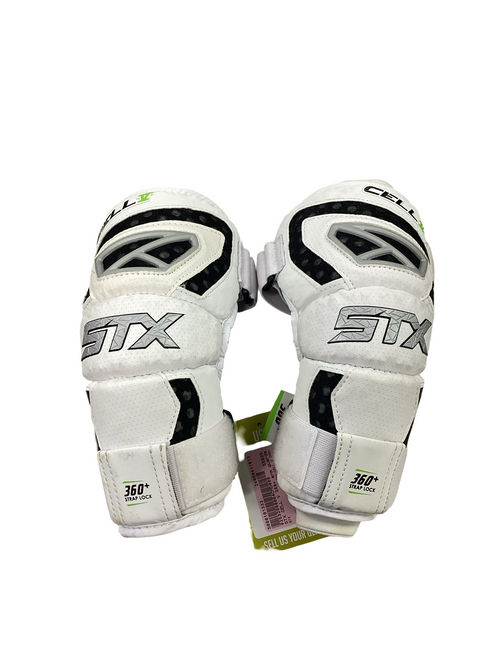 Vist Large View of Product Image Which is Used STX CELL V 360+ Lacrosse Arm Pads/Guards White Senior