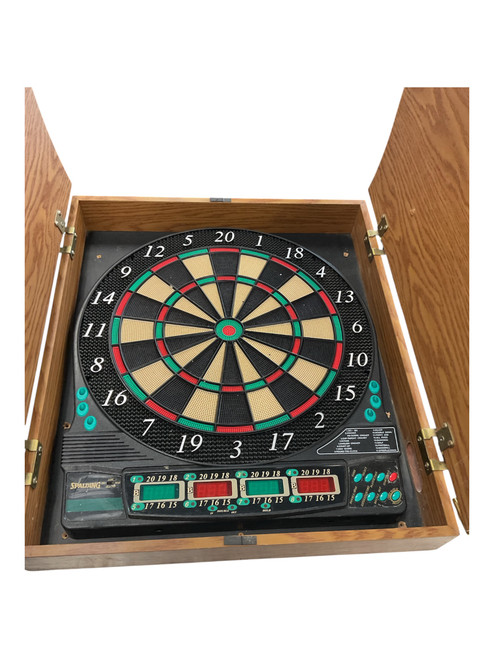 Vist Large View of Product Image Which is Used Spalding Electronic Dart Board in Oak Cabinet