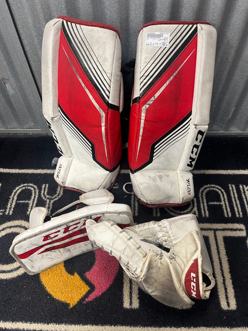 Vist Large View of Product Image Which is Used CCM YT FLEX II Goalie Leg Pads Youth Red 23"