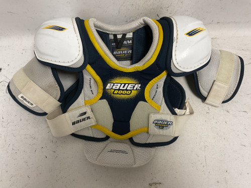 Vist Large View of Product Image Which is Used Bauer SP2000 JR Junior Shoulder Pads White And Navy Blue MD