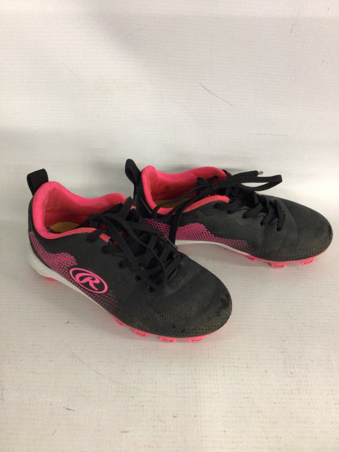 Vist Large View of Product Image Which is Used Rawlings DIVISION II TBALL CLEAT BB/SB Cleats Black And Pink Youth 11.0