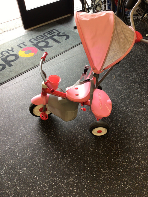 Vist Large View of Product Image Which is Used RADIO FLYER 4-IN-1 TRIKE Training Wheel Bike Girls Pink 12"