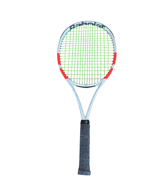 Vist Large View of Product Image Which is Used Babolat PURE STRIKE 100 Adult Tennis Racquet White 4 3/8"