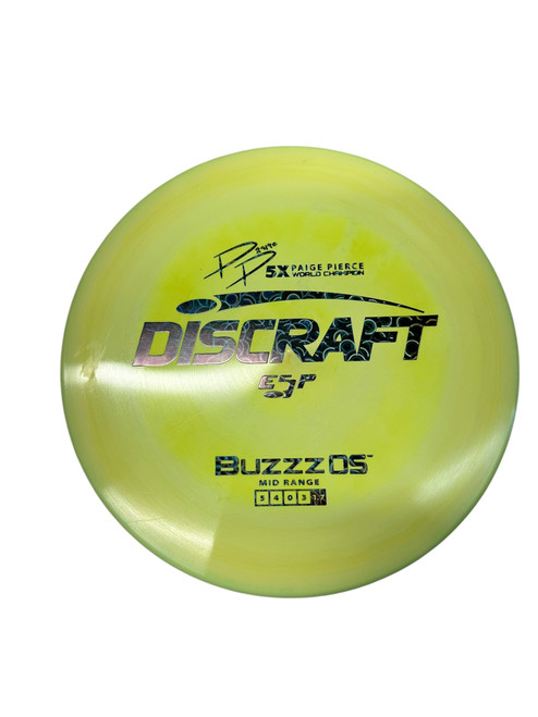 Vist Large View of Product Image Which is Used Discraft BUZZZ OS ESP 5X PAIGE Disc Golf Mid Range Yellow 177g