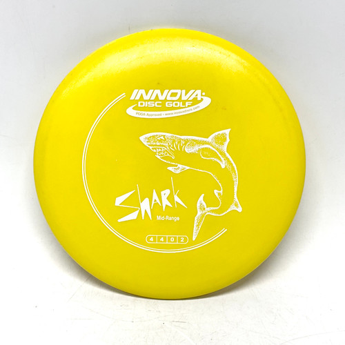 Vist Large View of Product Image Which is Used Innova DX SHARK Disc Golf Mid Range Yellow 150g
