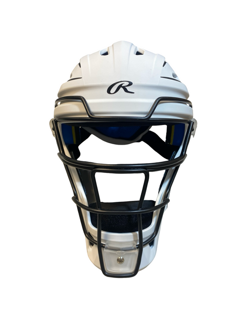 Vist Large View of Product Image Which is Used Rawlings CHMCHPROS REVA Catchers Helmet w/Mask White M/L