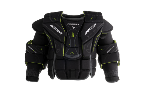 Vist Large View of Product Image Which is  SUPREME-inspired shoulder floaters and an improved coverage sternum will make any young goalie look big while being light enough to move around the crease easily.

Key Features:

 Dual Density Belly Blocks – Protects the midsection from anything thrown at the net.
 Adjustable Collar and Arms – Provides a customized-like fit with an easily adjustable collar and arms.
 SUPREME-Inspired Shoulder Floaters – Take up more of the net with added protection around the shoulders —without losing range of motion.
 Thick Cushion Liner – A comfortable, thick cushion liner throughout the entire chest protector to help feel covered and confident.
 Molded Foam Arms – Protects the forearm and upper arm against shots.