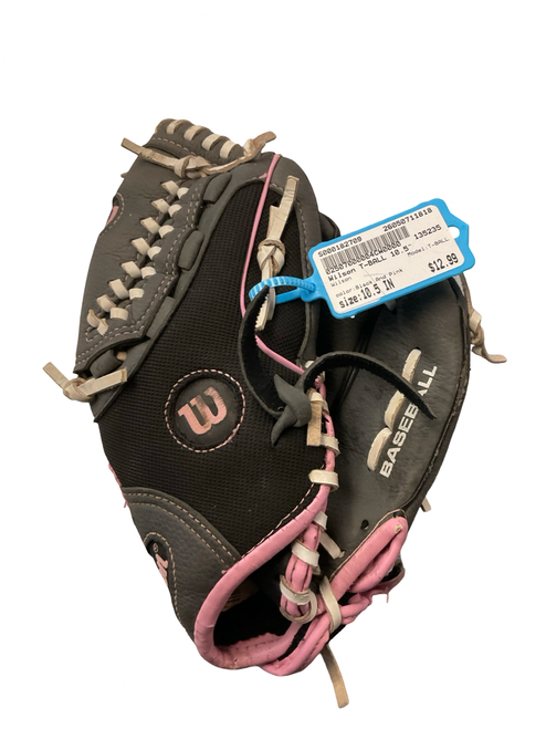 Vist Large View of Product Image Which is Used Wilson T-BALL BB/SB Glove T-ball Black And Pink 10 1/2"