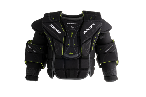 Vist Large View of Product Image Which is  SUPREME-inspired shoulder floaters and an improved coverage sternum will make any young goalie look big while being light enough to move around the crease easily.

Key Features:

 Dual Density Belly Blocks – Protects the midsection from anything thrown at the net.
 Adjustable Collar and Arms – Provides a customized-like fit with an easily adjustable collar and arms.
 SUPREME-Inspired Shoulder Floaters – Take up more of the net with added protection around the shoulders —without losing range of motion.
 Thick Cushion Liner – A comfortable, thick cushion liner throughout the entire chest protector to help feel covered and confident.
 Molded Foam Arms – Protects the forearm and upper arm against shots.