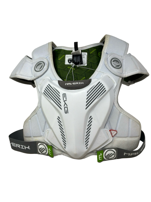 Vist Large View of Product Image Which is Used Maverik EKG Lacrosse Shoulder Pads White ADT LG