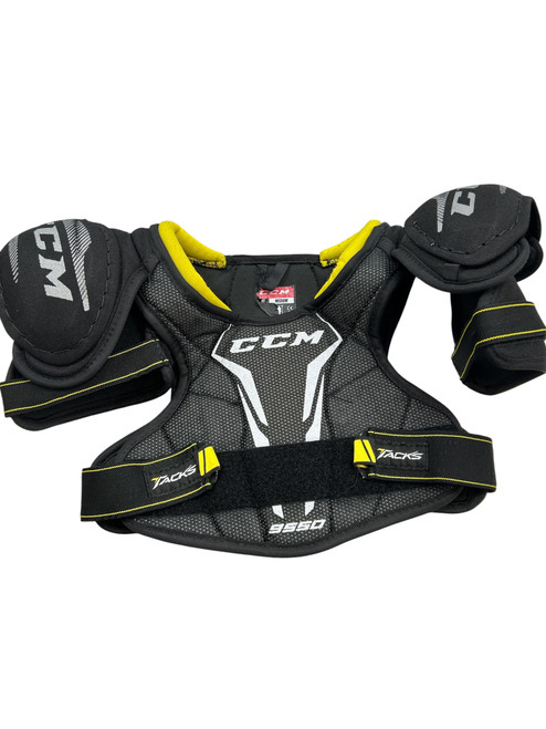 Vist Large View of Product Image Which is Used CCM TACKS 9550 YTH MD SHOULDER Youth Shoulder Pads Black And Yellow MD