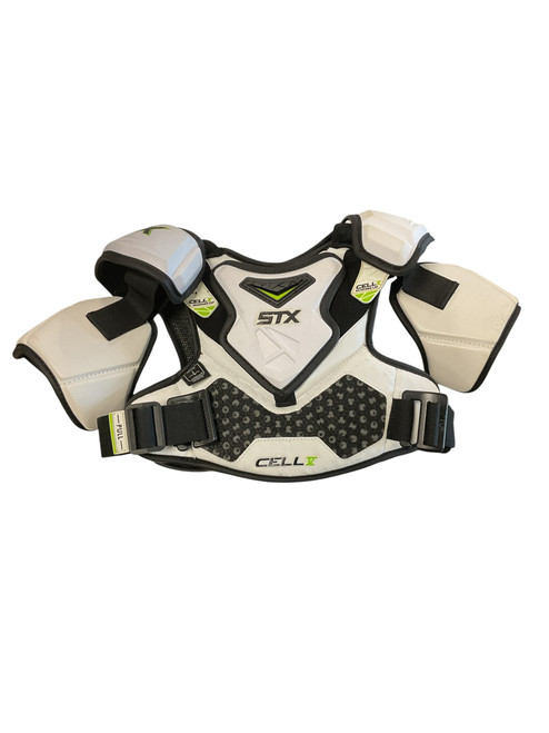 Vist Large View of Product Image Which is Used STX CELL V Lacrosse Shoulder Pads White SM