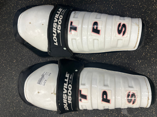 Vist Large View of Product Image Which is Used Louisville Slugger TPS Senior Shin Guards White 18"