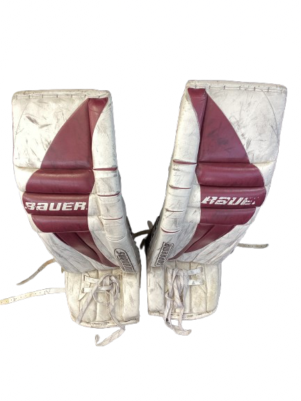 Vist Large View of Product Image Which is Used Bauer SUPREME Goalie Leg Pads Senior Cardinal And White 36"