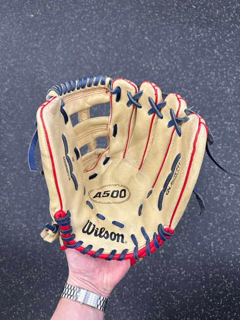 Vist Large View of Product Image Which is Used Wilson A500 BB/SB Glove RH Throw Tan 12"