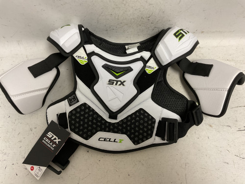 Vist Large View of Product Image Which is Used STX CELL V Lacrosse Shoulder Pads White And Black MD