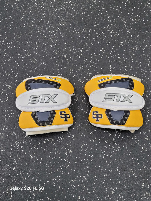 Vist Large View of Product Image Which is Used STX CELL V Lacrosse Arm Pads/Guards Gold LG
