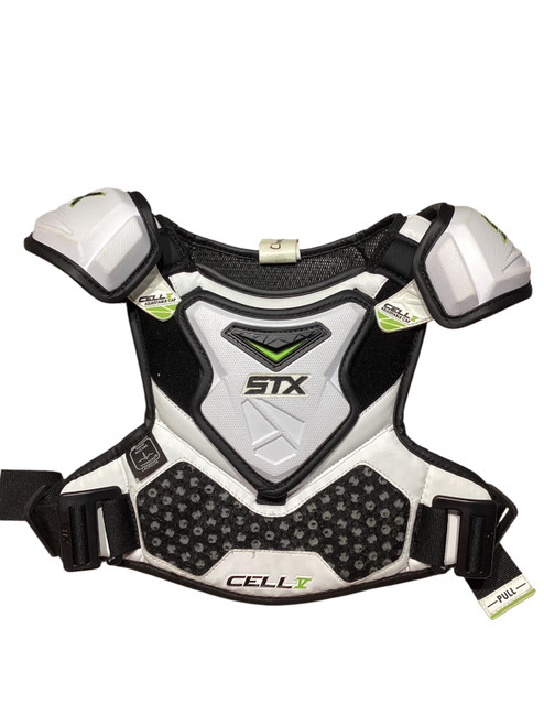 Vist Large View of Product Image Which is Used STX CELL V  NO ARM PADS Lacrosse Shoulder Pads White SM