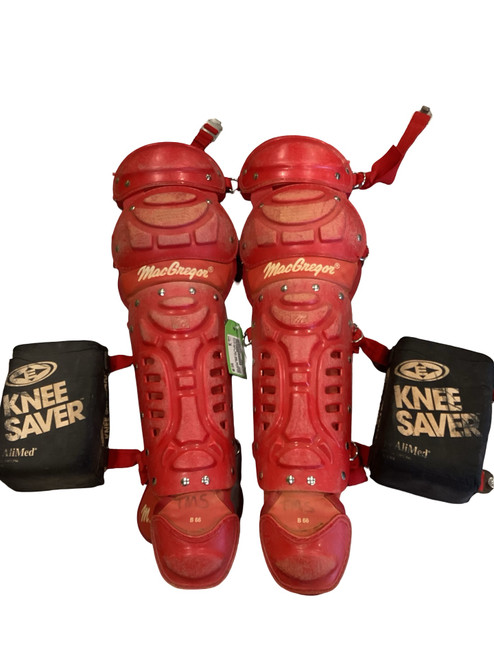 Vist Large View of Product Image Which is Used MacGregor RED B66 SHINGUARDS PLUS KNEE SAVERS Catchers Leg Guards Red Junior