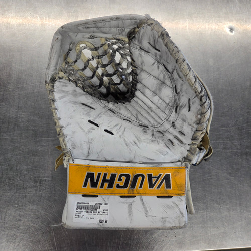 Vist Large View of Product Image Which is Used Vaughn VISION PRO RETURN GLOVE Senior Goalie Catcher White And Gold