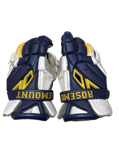 Vist Large View of Product Image Which is Used Maverik MAX Lacrosse Gloves Mens White And Navy Blue 13"
