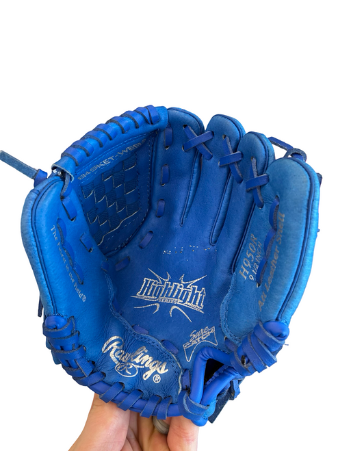 Vist Large View of Product Image Which is Used Rawlings HIGHLIGHT 9.5 IN BB/SB Glove RH Throw Royal Blue 9 1/2"